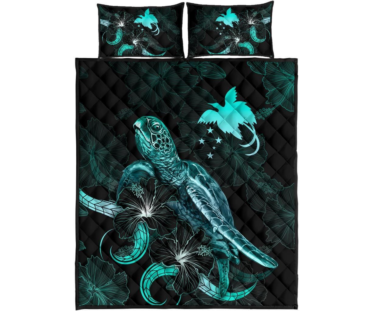 Papua New Guinea Polynesian Quilt Bed Set - Turtle With Blooming Hibiscus Turquoise
