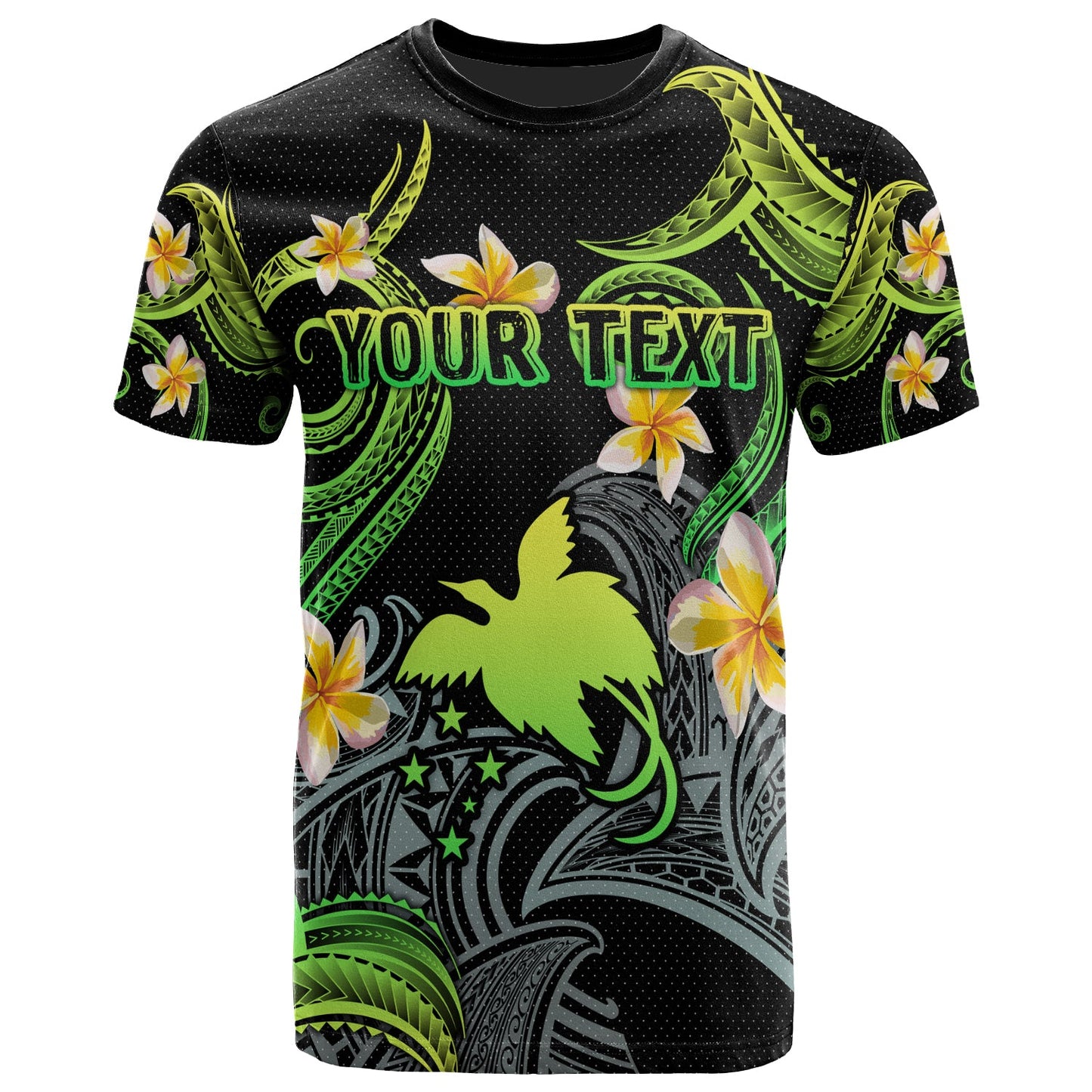 Papua New Guinea T-shirt - Custom Personalised Polynesian Waves with Plumeria Flowers (Green)