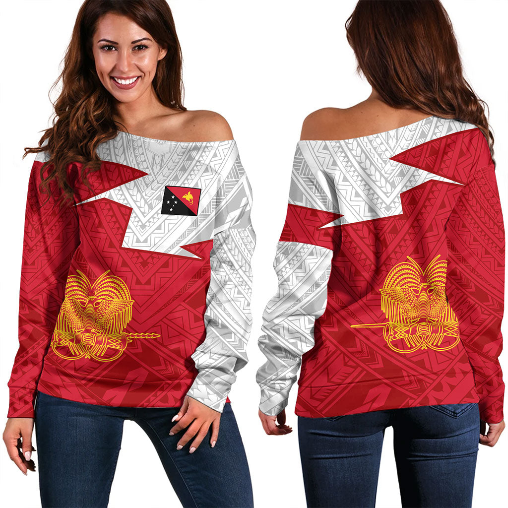 Papua New Guinea Off Shoulder Sweatshirt Polynesian Tattoo Flag And Coat Of Arms