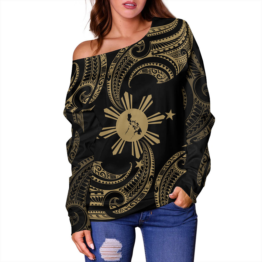 Philippines Filipinos Off Shoulder Sweatshirt Tribal Polynesian Wave Tattoo