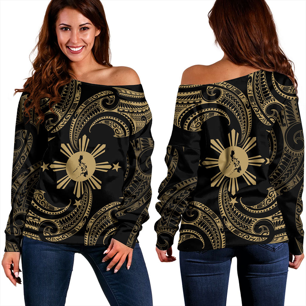 Philippines Filipinos Off Shoulder Sweatshirt Tribal Polynesian Wave Tattoo