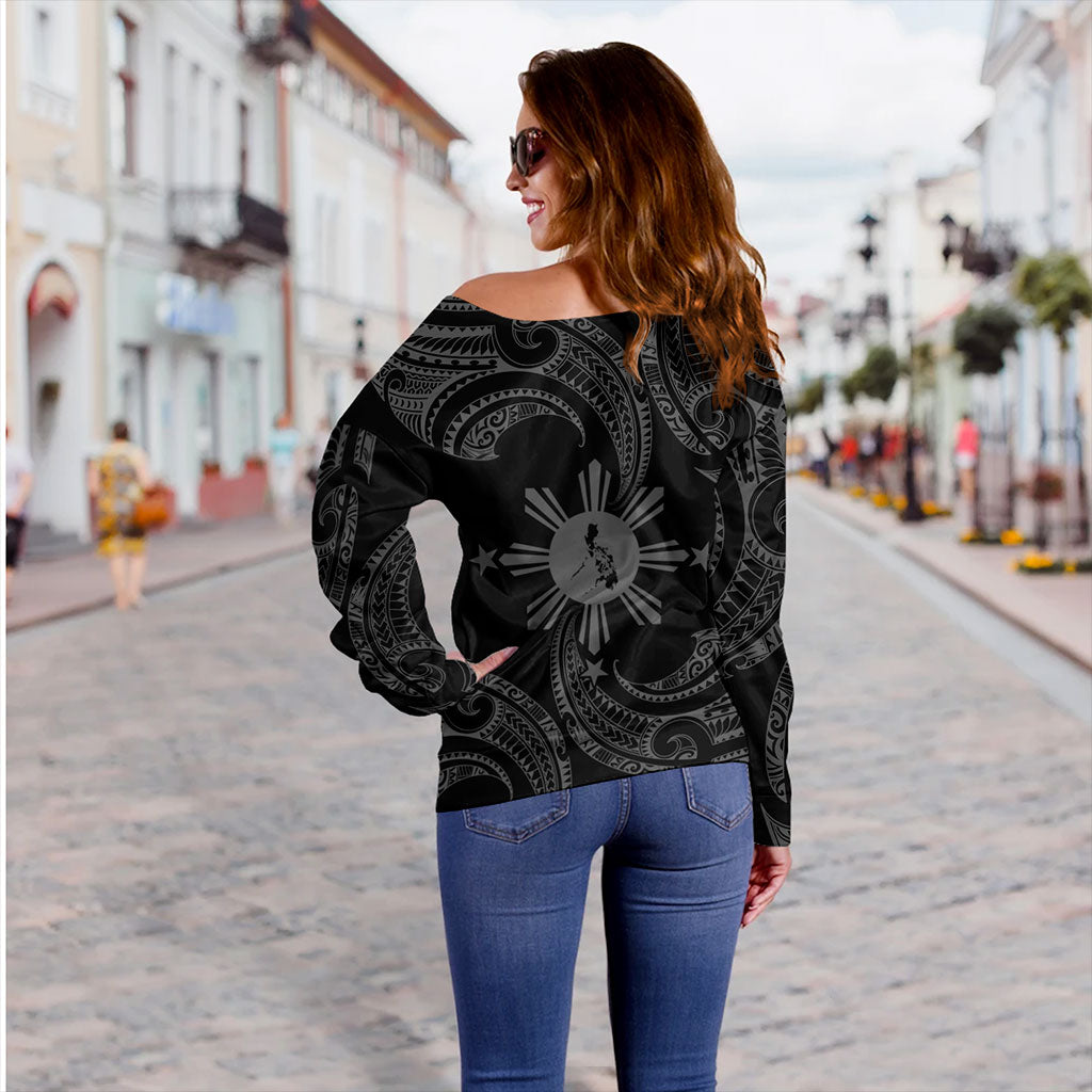Philippines Filipinos Off Shoulder Sweatshirt Tribal Polynesian Wave Tattoo