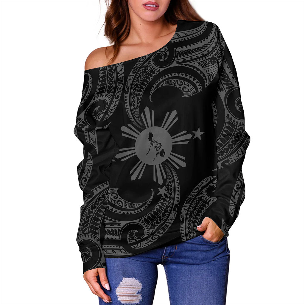 Philippines Filipinos Off Shoulder Sweatshirt Tribal Polynesian Wave Tattoo