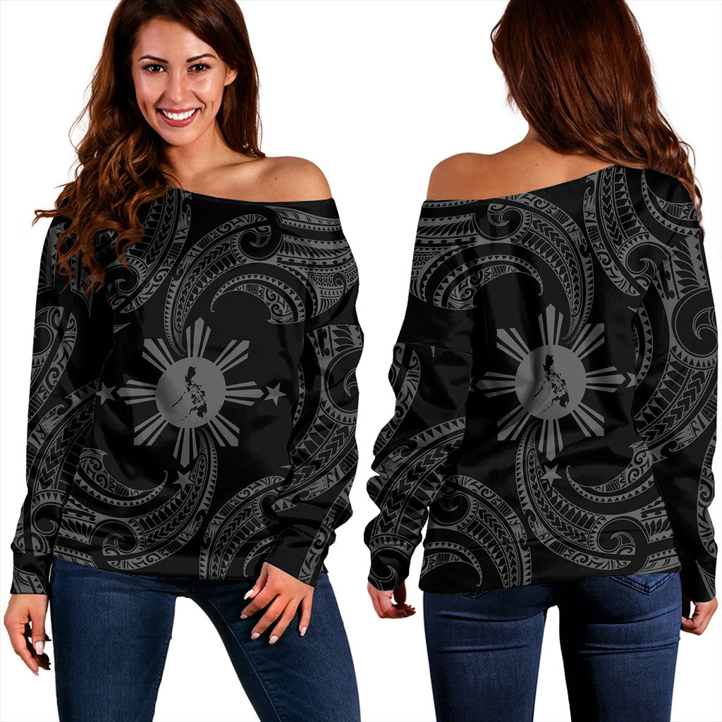 Philippines Filipinos Off Shoulder Sweatshirt Tribal Polynesian Wave Tattoo