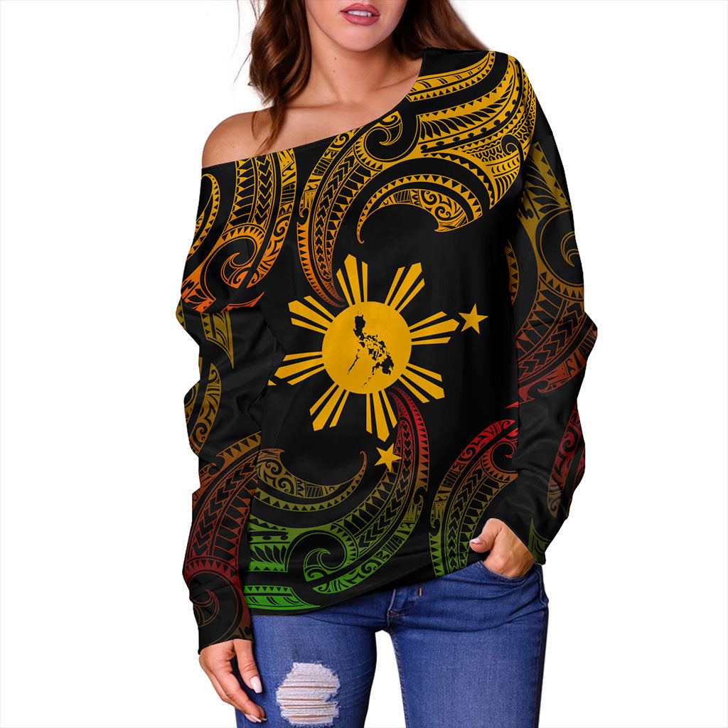 Philippines Filipinos Off Shoulder Sweatshirt Tribal Polynesian Wave Tattoo