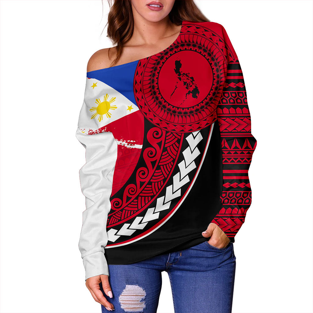 Philippines Filipinos Off Shoulder Sweatshirt Flag And Map Pattern Circle Style