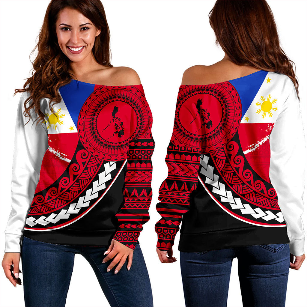 Philippines Filipinos Off Shoulder Sweatshirt Flag And Map Pattern Circle Style