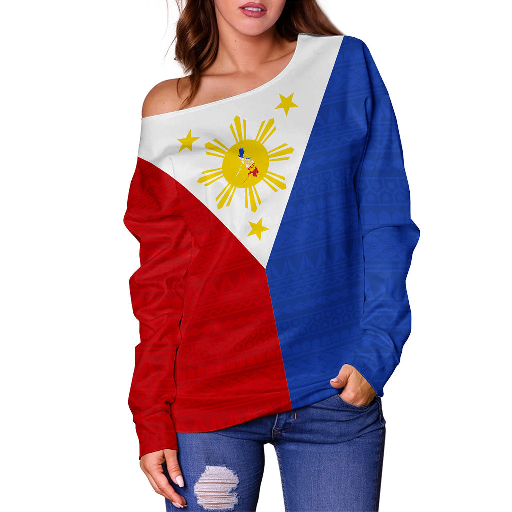 Philippines Filipinos Off Shoulder Sweatshirt Polynesia Tribal Flag