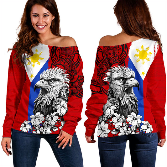 Philippines Filipinos Off Shoulder Sweatshirt Tribal Tattoo Eagles With Sampaguita Flower