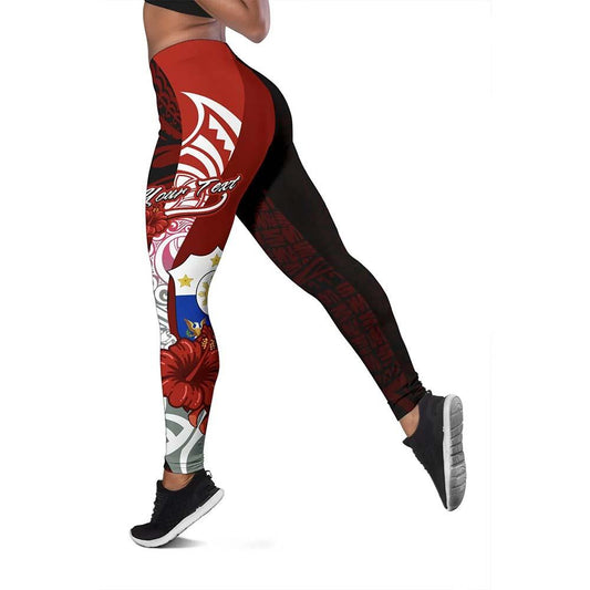 Philippines Polynesian Custom Personalised Legging  - Coat Of Arm With Hibiscus
