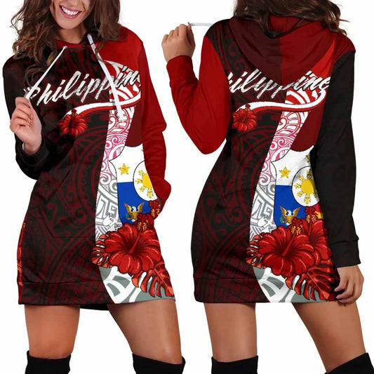 Philippines Polynesian Hoodie Dress - Coat Of Arm With Hibiscus
