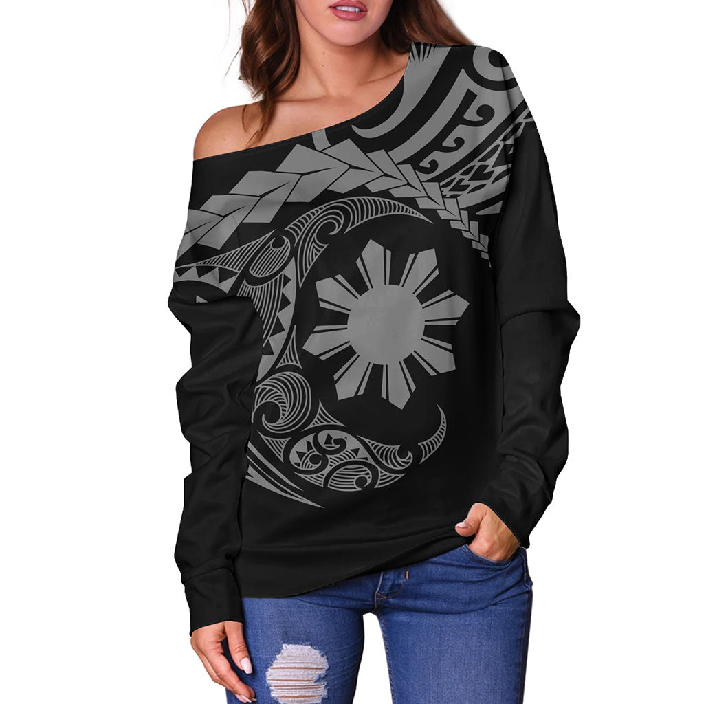 Philippines Filipinos Off Shoulder Sweatshirt Polynesian Tribal Half Circle