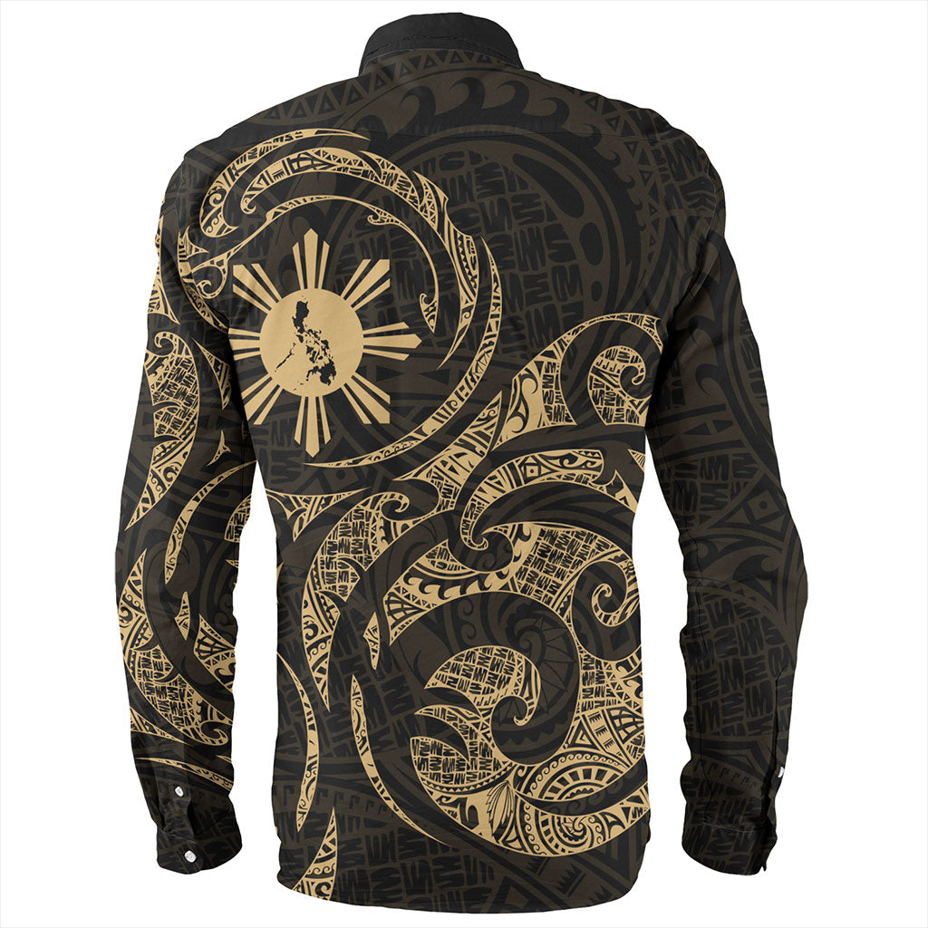 Philippines Filipinos Long Sleeve Shirt Polynesian Tribal Pattern Simple Style Gold
