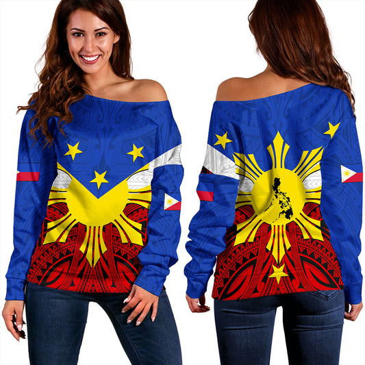 Philippines Filipinos Off Shoulder Sweatshirt Tribal Flag Traditional Style