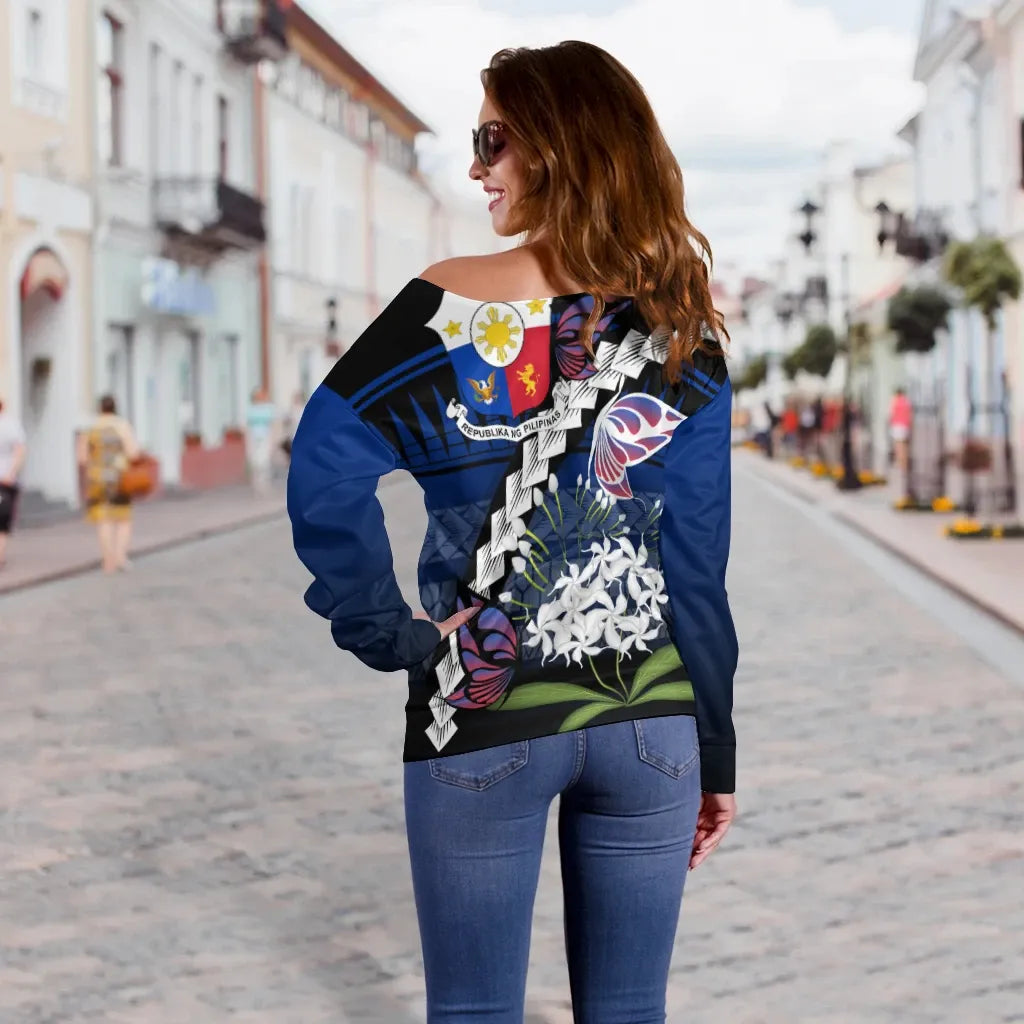 Philippines Women Off Shoulder Sweater - Butterfly Sampaguita Flower