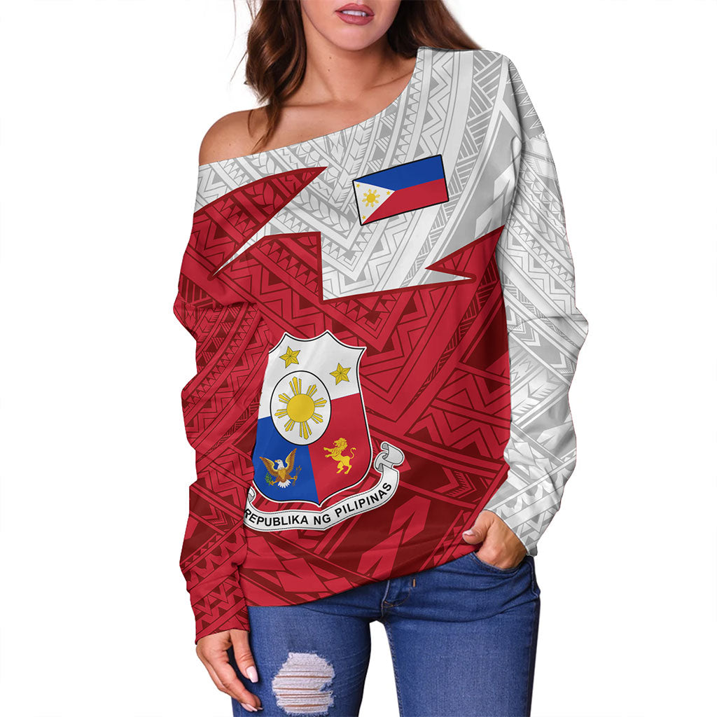 Philippines Filipinos Off Shoulder Sweatshirt Polynesian Tattoo Flag And Coat Of Arms