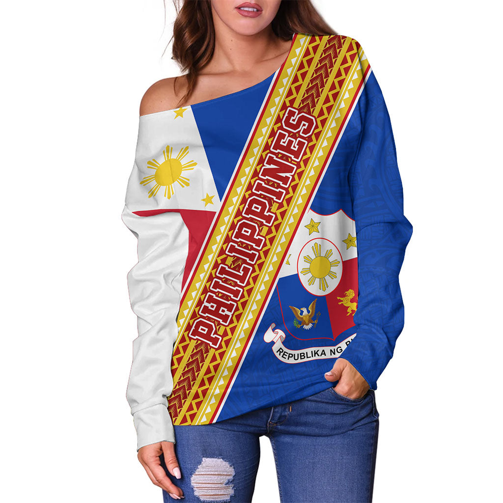 Philippines Filipinos Off Shoulder Sweatshirt Flag And Coat Of Arms