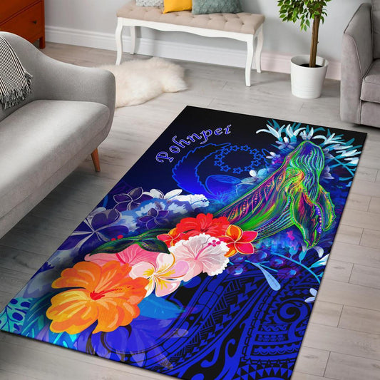 Pohnpei Area Rug - Humpback Whale with Tropical Flowers (Blue)