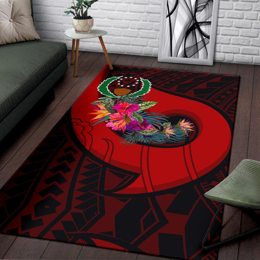 Pohnpei Area Rug - Polynesian Hook And Hibiscus (Red)