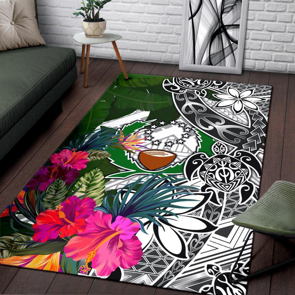 Pohnpei Area Rug White - Turtle Plumeria Banana Leaf