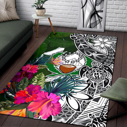 Pohnpei Area Rug White - Turtle Plumeria Banana Leaf