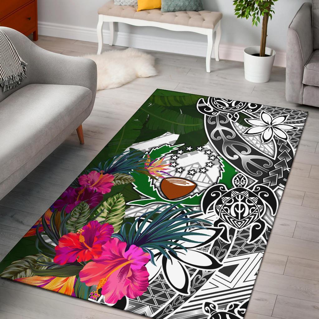 Pohnpei Area Rug White - Turtle Plumeria Banana Leaf