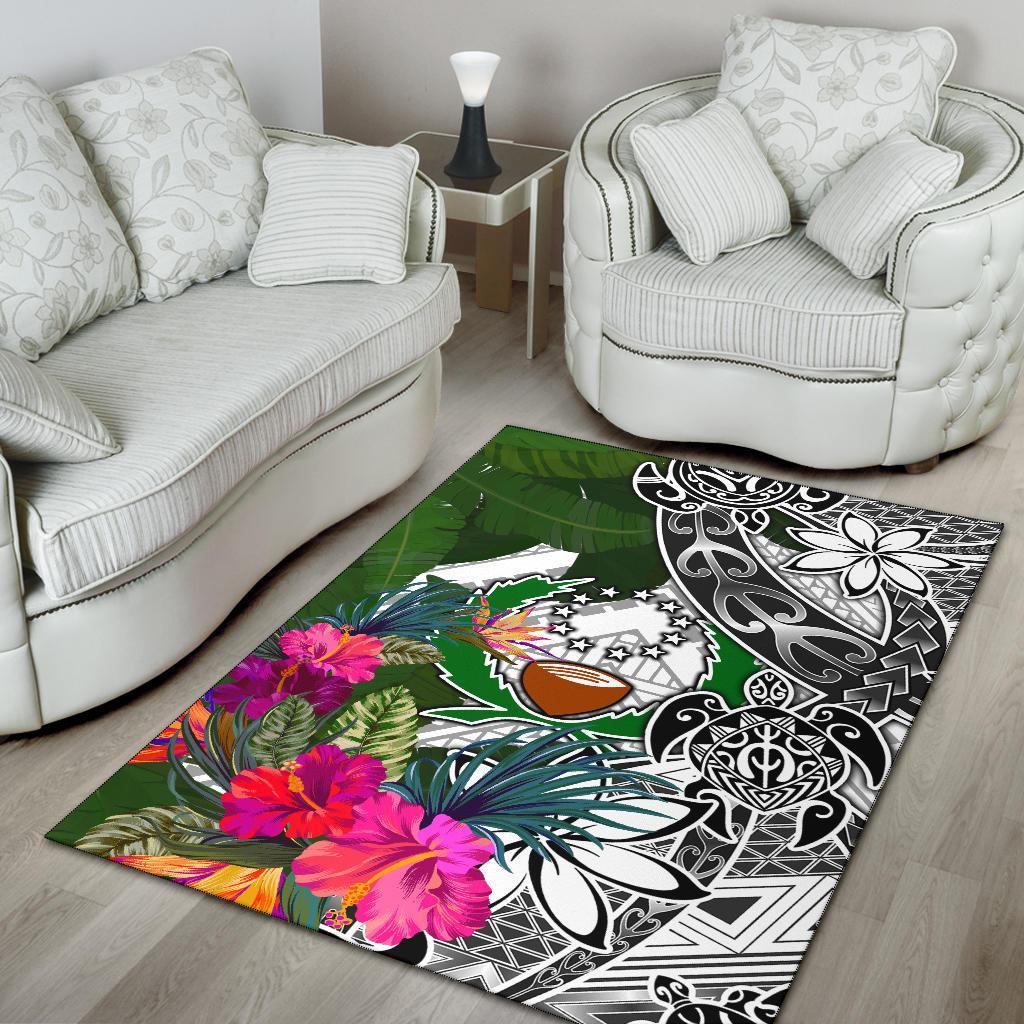 Pohnpei Area Rug White - Turtle Plumeria Banana Leaf