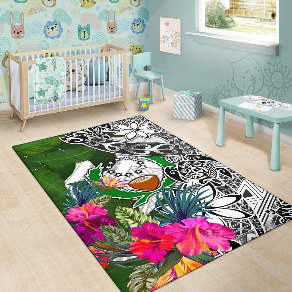 Pohnpei Area Rug White - Turtle Plumeria Banana Leaf