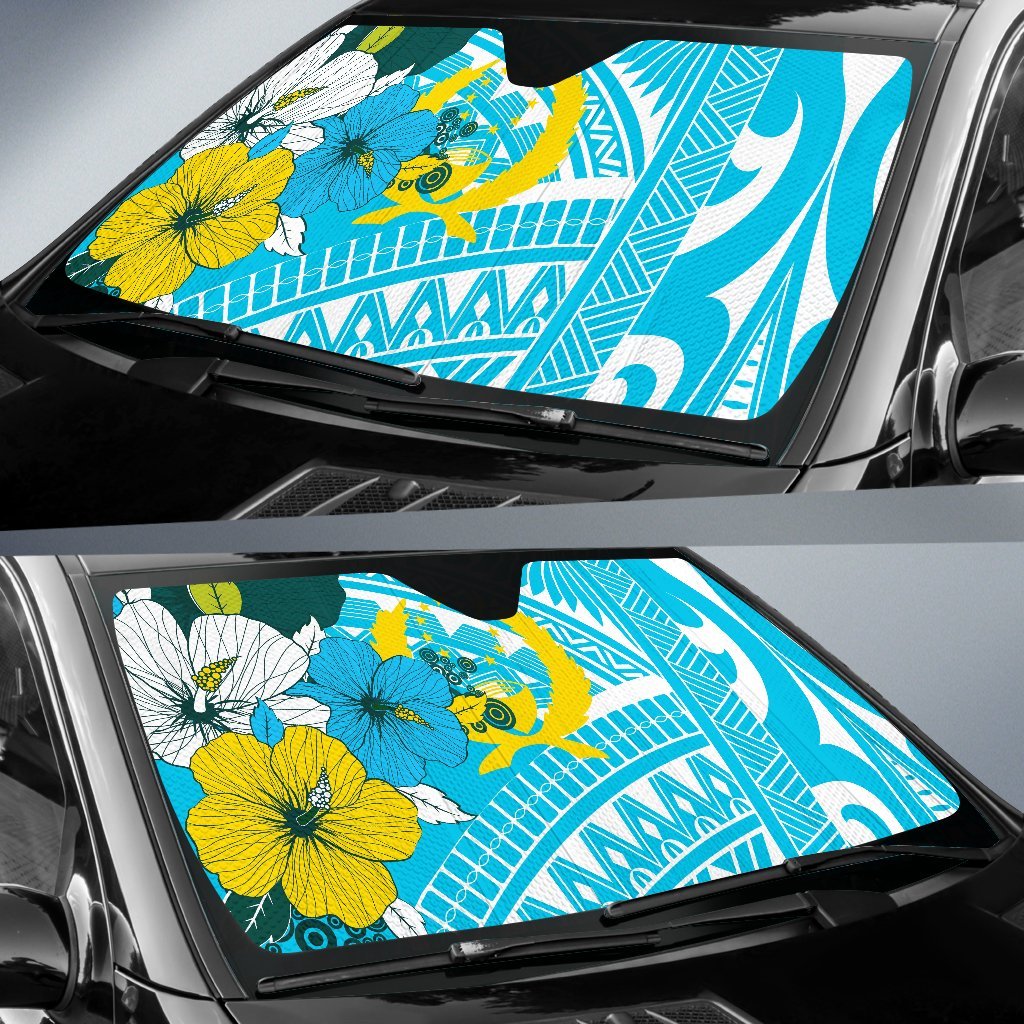 Pohnpei Auto Sun Shades - Polynesian Pattern Aquamarine Stone Color
