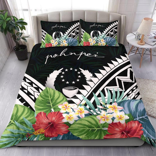 Pohnpei Bedding Set - Pohnpei Coat Of Arms & Polynesian Tropical Flowers White