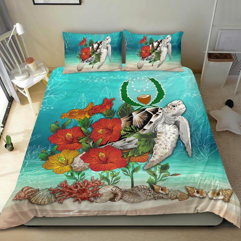 Polynesian Duvet Cover Set - Pohnpei Bedding Set Ocean Turtle Hibiscus