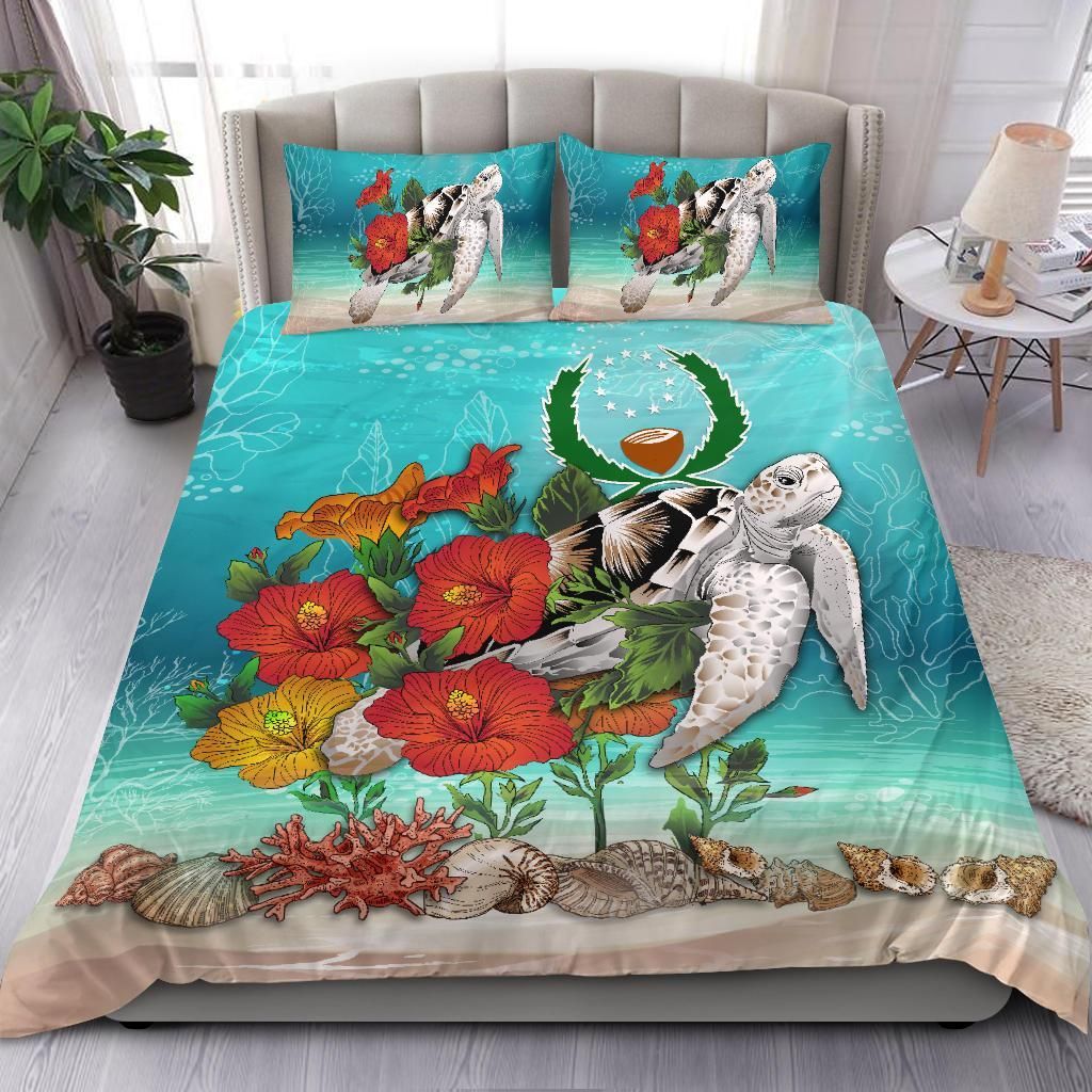 Polynesian Duvet Cover Set - Pohnpei Bedding Set Ocean Turtle Hibiscus