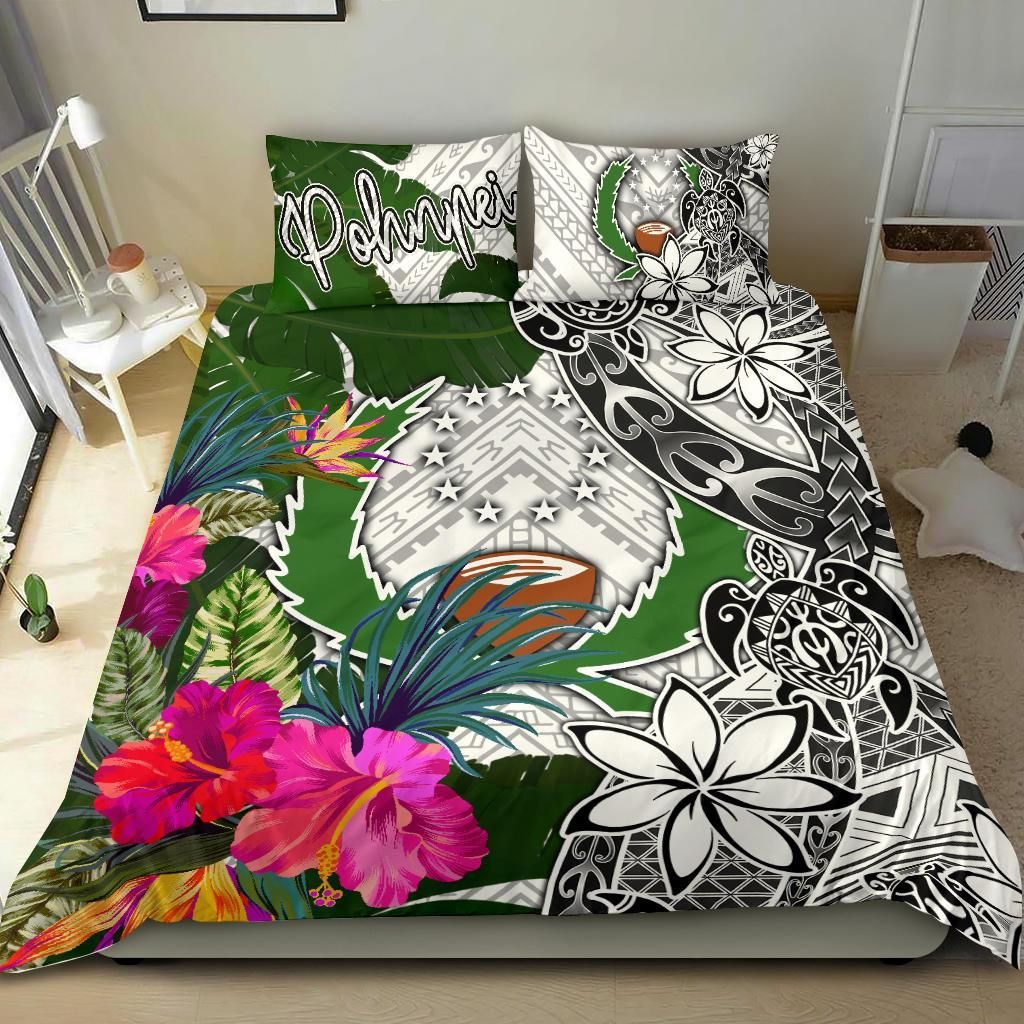 Pohnpei Bedding Set White - Turtle Plumeria Banana Leaf