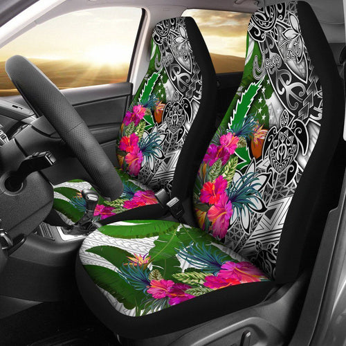 Pohnpei Custom Personalised Car Seat Covers White - Turtle Plumeria Banana Leaf