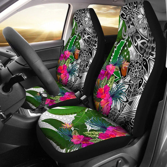 Pohnpei Custom Personalised Car Seat Covers White - Turtle Plumeria Banana Leaf