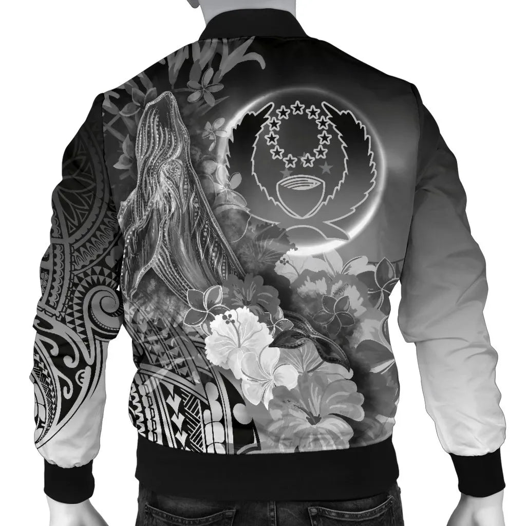Pohnpei Custom Personalised Bomber Jacket - Humpback Whale with Tropical Flowers (White)