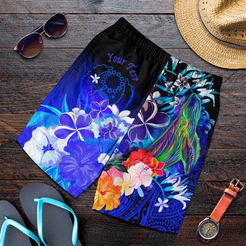 Pohnpei Custom Personalised Men Shorts - Humpback Whale with Tropical Flowers (Blue)