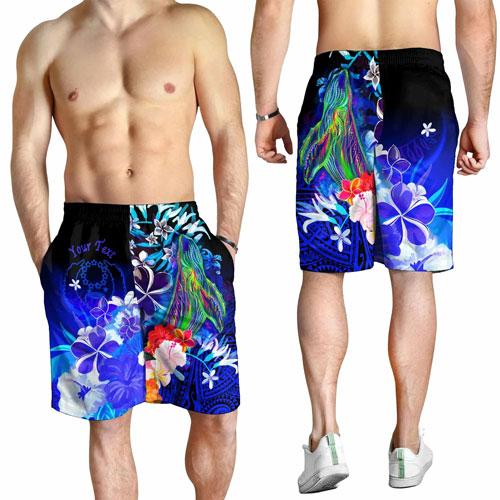 Pohnpei Custom Personalised Men Shorts - Humpback Whale with Tropical Flowers (Blue)