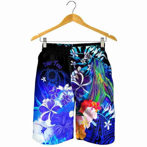 Pohnpei Custom Personalised Men Shorts - Humpback Whale with Tropical Flowers (Blue)
