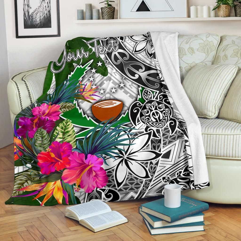 Pohnpei Custom Personalised Premium Blanket White - Turtle Plumeria Banana Leaf