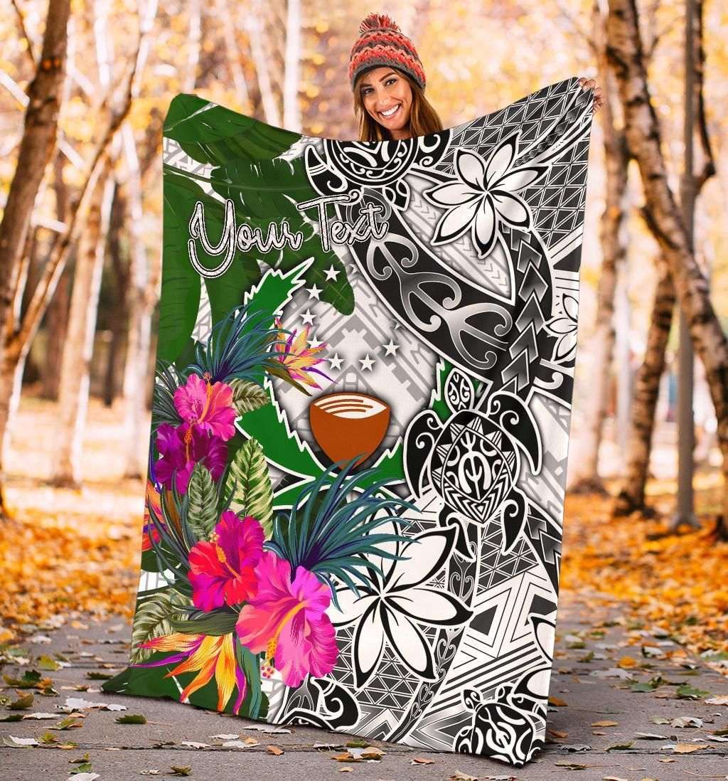 Pohnpei Custom Personalised Premium Blanket White - Turtle Plumeria Banana Leaf