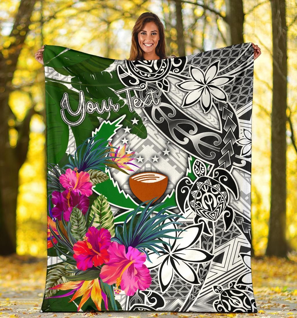 Pohnpei Custom Personalised Premium Blanket White - Turtle Plumeria Banana Leaf