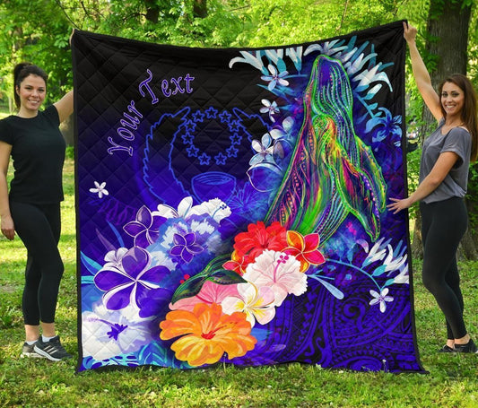 Pohnpei Custom Personalised Premium Quilt - Humpback Whale with Tropical Flowers (Blue)