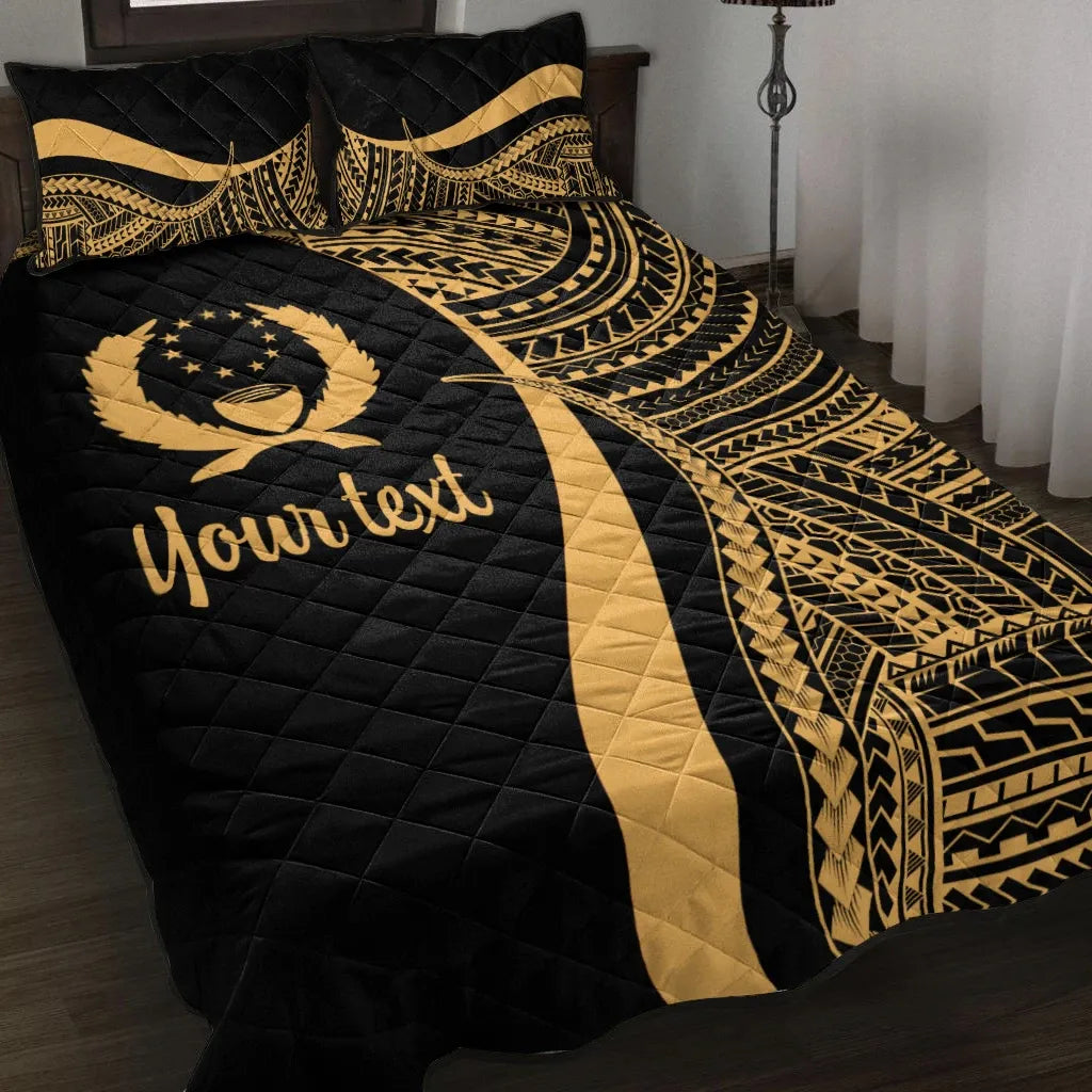 Pohnpei Custom Personalised Quilt Bed Set - Gold Polynesian Tentacle Tribal Pattern