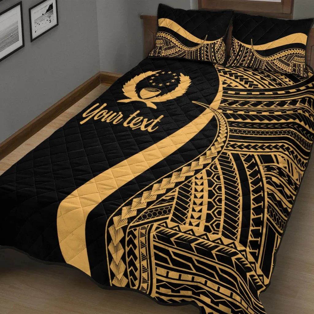 Pohnpei Custom Personalised Quilt Bed Set - Gold Polynesian Tentacle Tribal Pattern