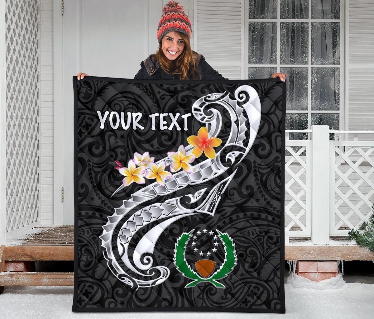 Pohnpei Custom Personalised Premium Quilt - Pohnpei Seal Polynesian Patterns Plumeria (Black)