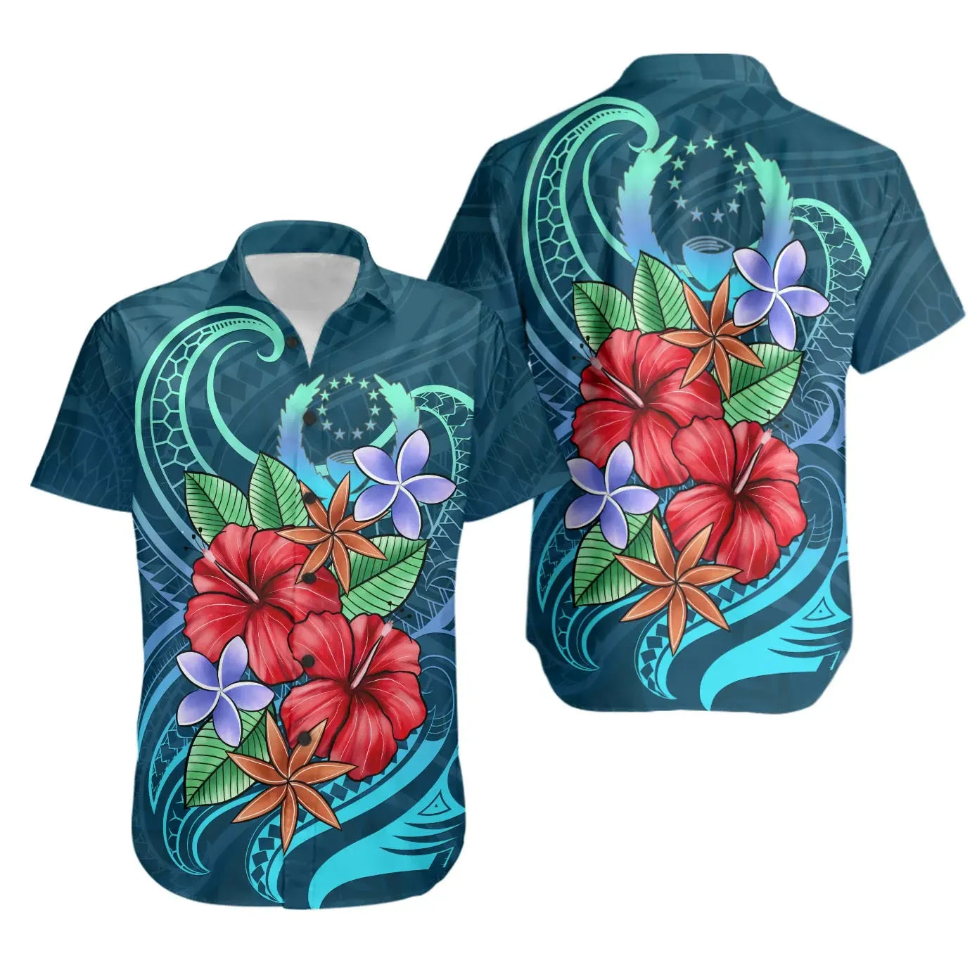 Pohnpei Short Sleeve Shirt - Blue Pattern With Tropical Flowers