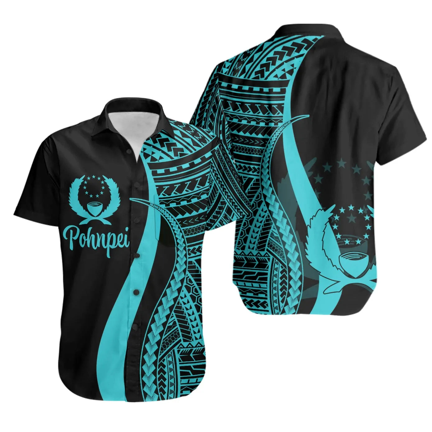 Pohnpei Short Sleeve Shirt - Turquoise Polynesian Tentacle Tribal Pattern