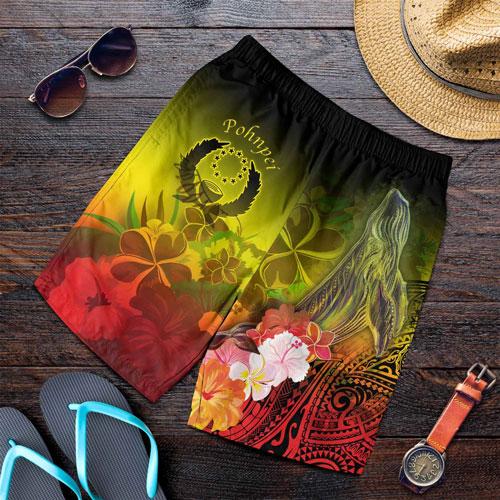 Pohnpei Men Shorts - Humpback Whale with Tropical Flowers (Yellow)