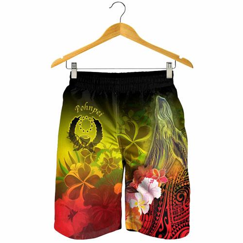 Pohnpei Men Shorts - Humpback Whale with Tropical Flowers (Yellow)